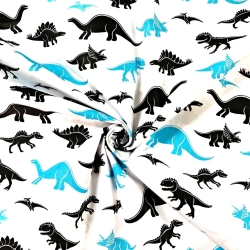 Baumwolle 100% Dinosaurier blau-schwarz auf weißem Hintergrund  