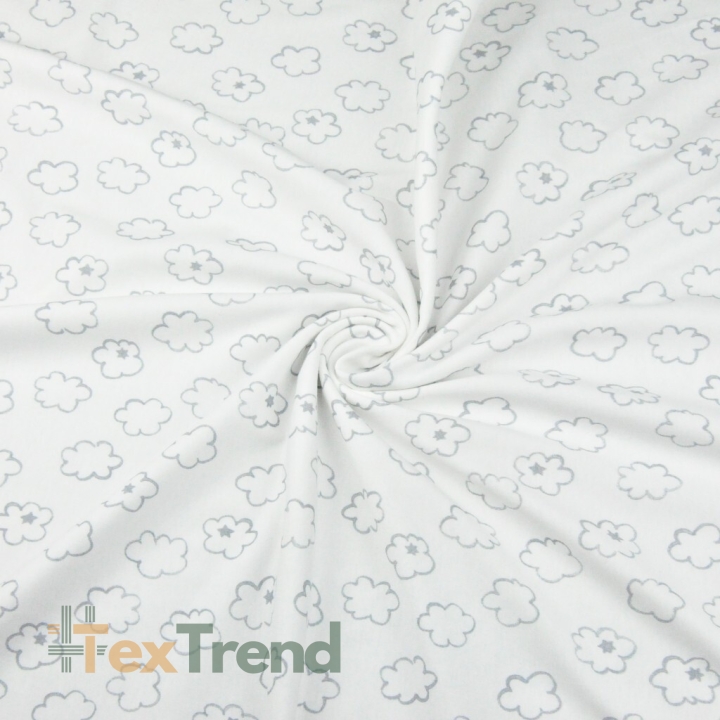 Jersey-Stoff mit grauen Wolken auf weißem Hintergrund  