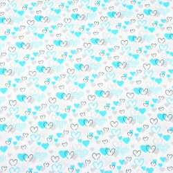 Baumwolle 100% MINI Herzchen türkis-grau auf weißem Hintergrund  