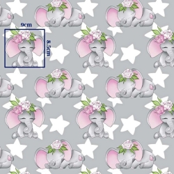 Baumwolle 100% Elefanten rosa mit Sternen auf grauem Hintergrund  