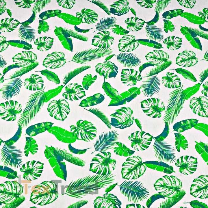 Jersey-Stoff mit grünen Blättern auf weißem Hintergrund  