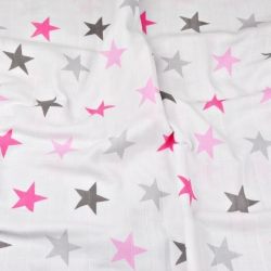 Baumwolle Musselin Sterne STARSY rosa-grau auf weißem Hintergrund  