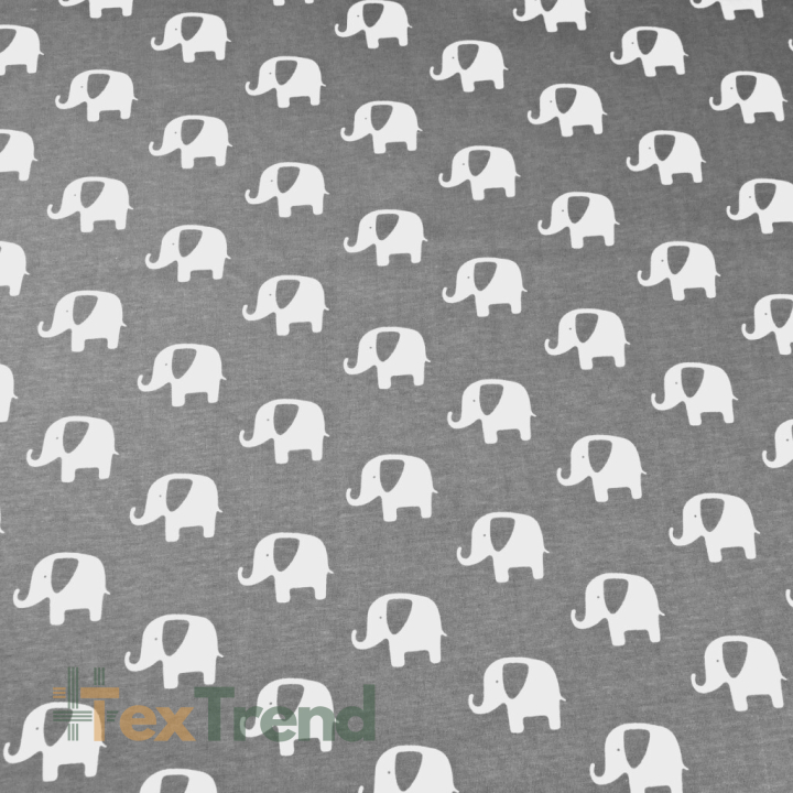 Jersey-Stoff mit weißen Elefanten auf grauem Hintergrund  