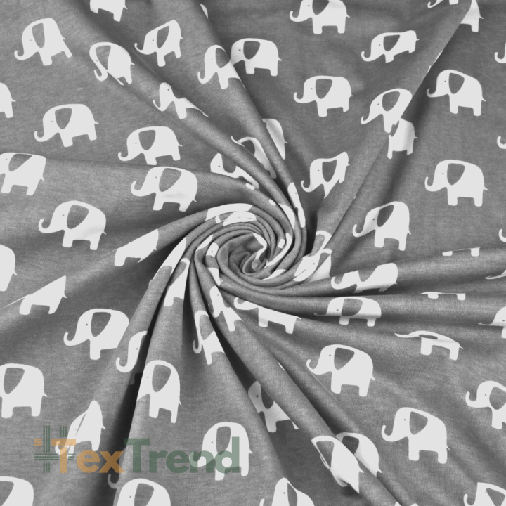 Jersey-Stoff mit weißen Elefanten auf grauem Hintergrund  