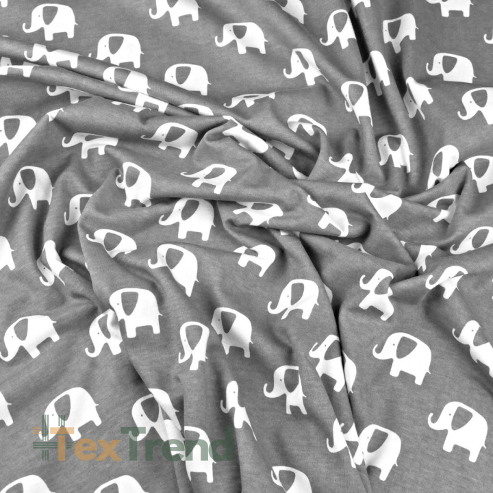 Jersey-Stoff mit weißen Elefanten auf grauem Hintergrund  