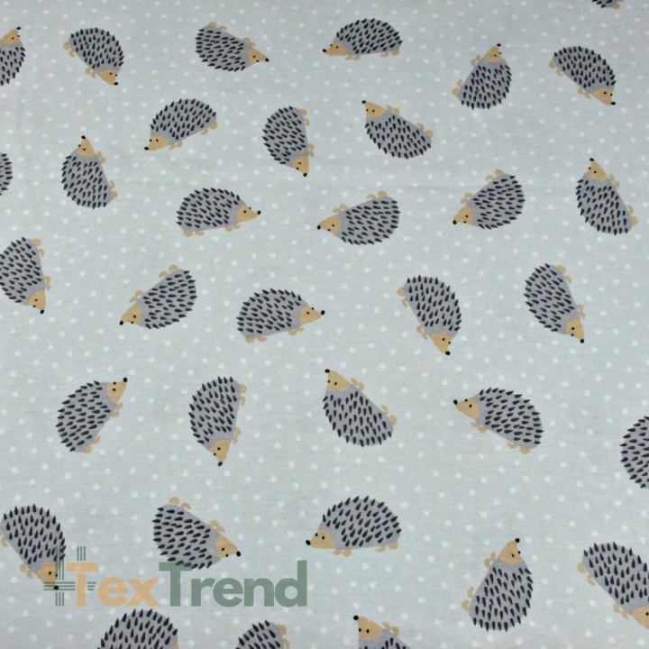 Jersey-Stoff mit Igeln auf grauem Hintergrund  