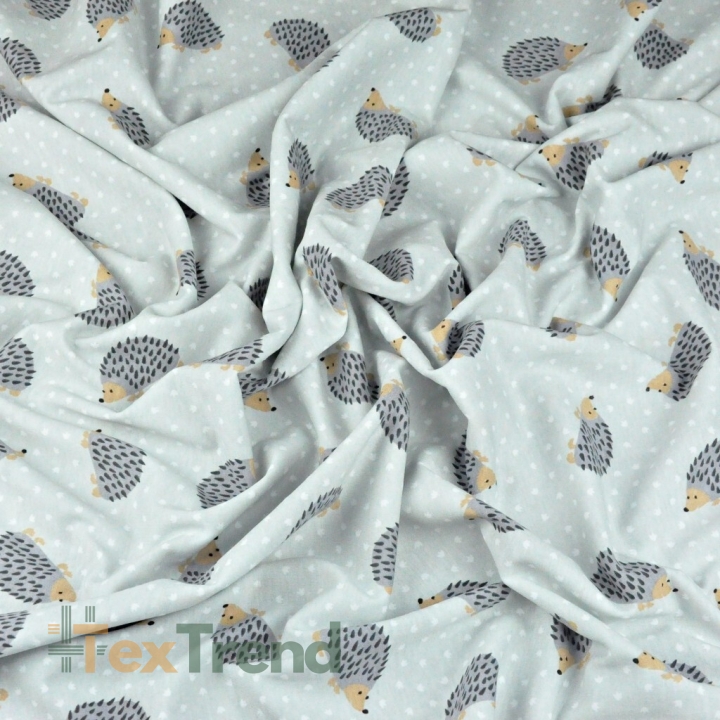 Jersey-Stoff mit Igeln auf grauem Hintergrund  