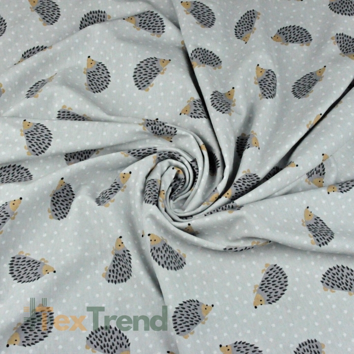 Jersey-Stoff mit Igeln auf grauem Hintergrund  