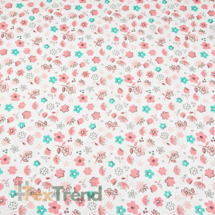 Baumwolle Musselin Wiese rosa-mint auf weißem Hintergrund  