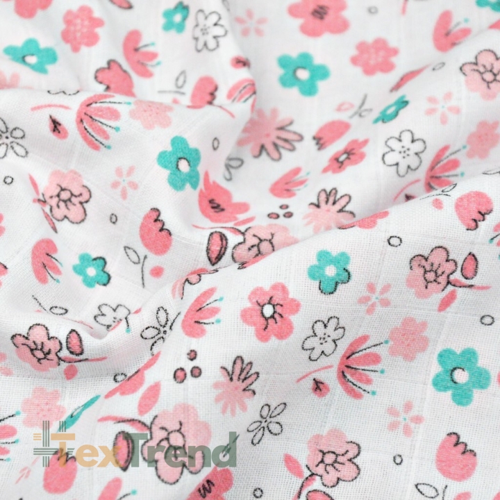 Baumwolle Musselin Wiese rosa-mint auf weißem Hintergrund  