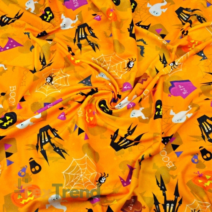 Jersey-Stoff digitaldruck - Halloween auf orangefarbenem Hintergrund  