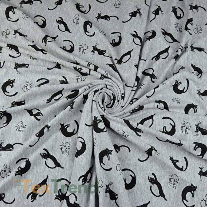 Jersey-Stoff mit Elasthan, Katzen auf grauem Melange-Hintergrund  