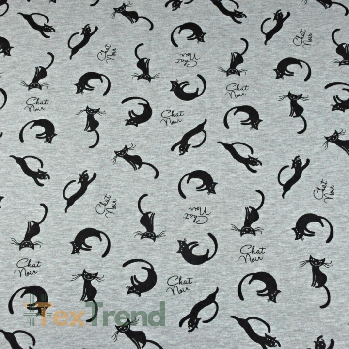 Jersey-Stoff mit Elasthan, Katzen auf grauem Melange-Hintergrund  