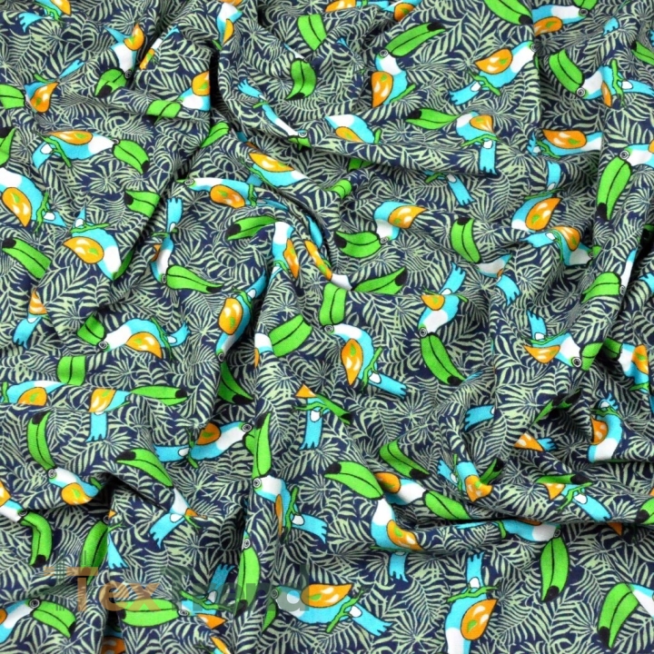 Jersey-Stoff mit Tukans auf navy Hintergrund  