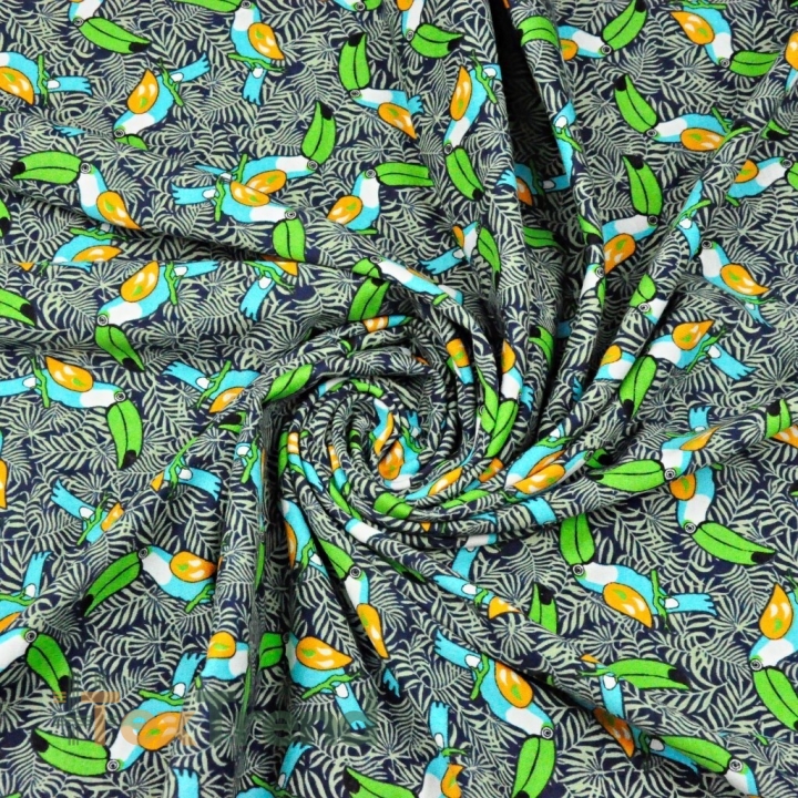 Jersey-Stoff mit Tukans auf navy Hintergrund  