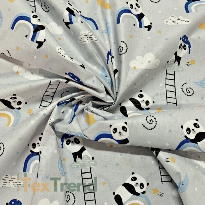 Baumwolle 100% Pandas mit Regenbogen blau-orange auf hellgrauem Hintergrund  