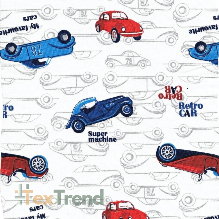 Jersey-Stoff mit Retro-Autos auf weißem Hintergrund  