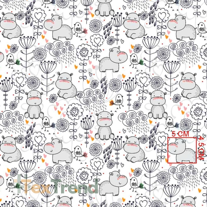 Baumwolle 100% Nilpferde mit Blumen auf weißem Hintergrund  