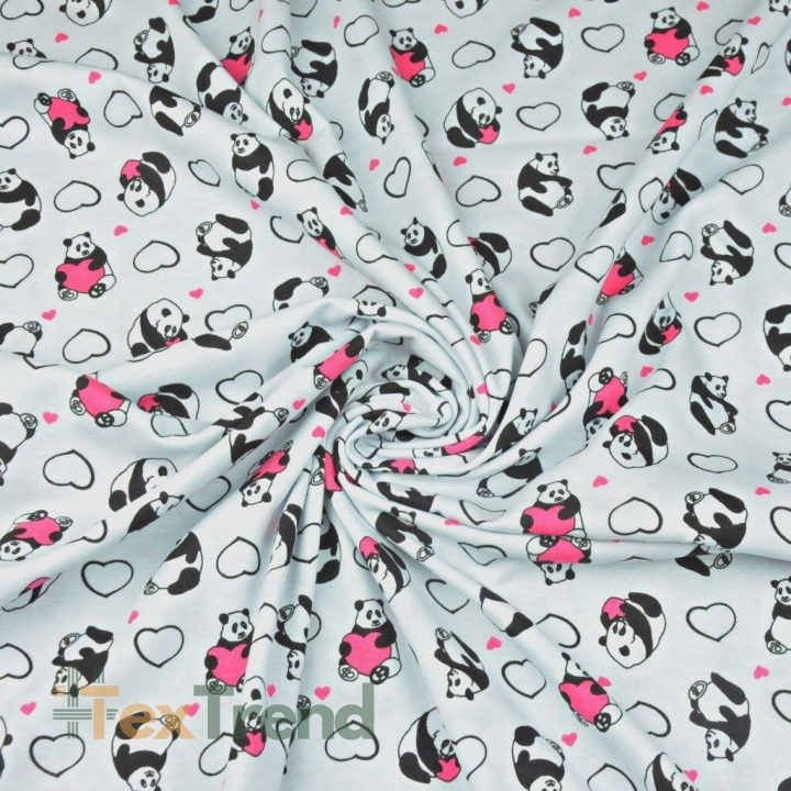 Jersey-Stoff mit Pandas und Herzen auf hellgrauem Hintergrund  