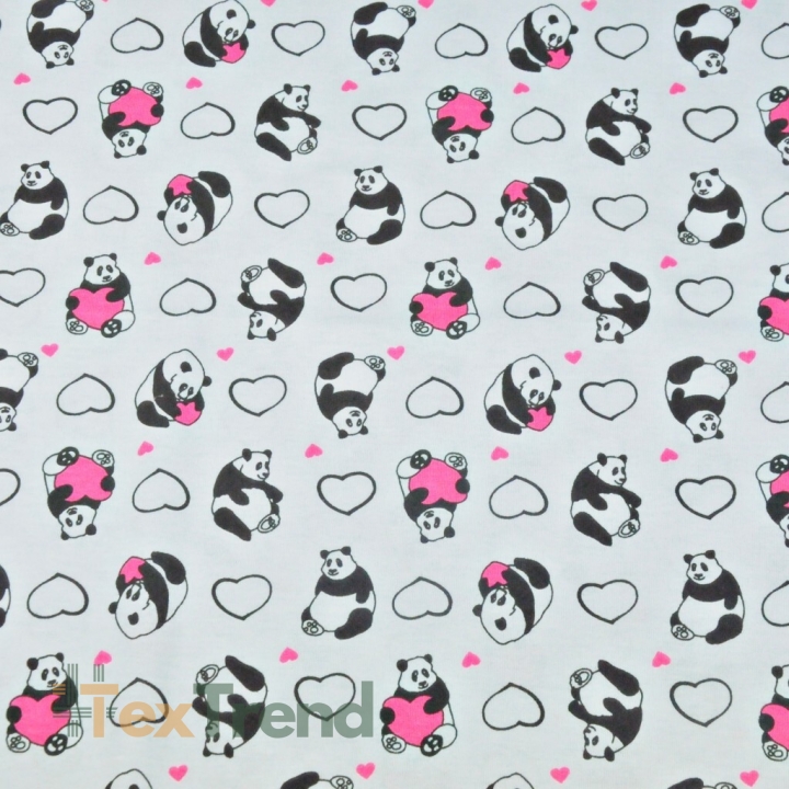 Jersey-Stoff mit Pandas und Herzen auf hellgrauem Hintergrund  