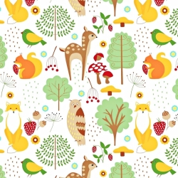 Baumwolle 100% bunte Waldtiere auf weißem Hintergrund  