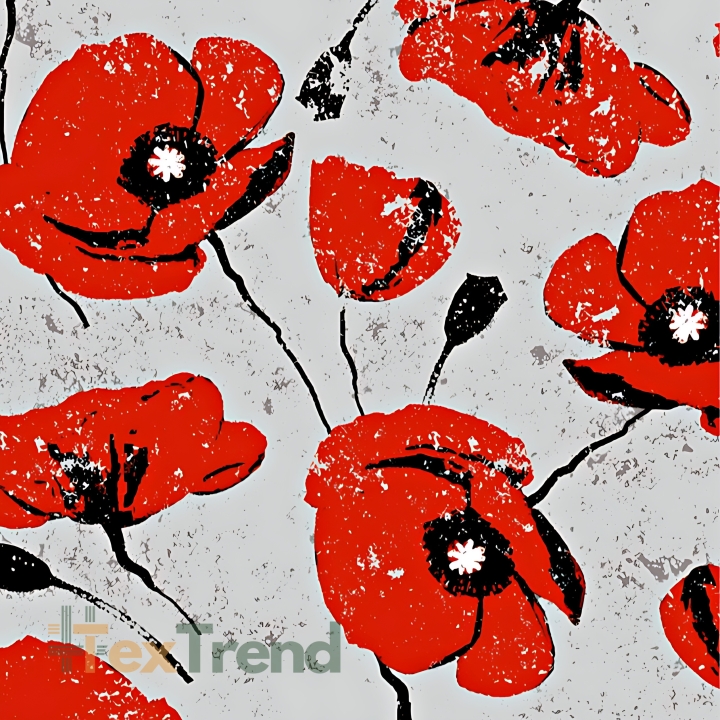 wasserabweisender Stoff rote Mohnblumen auf grauem Hintergrund  