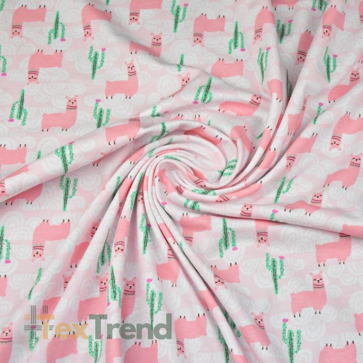 Jersey-Stoff mit rosa Alpakas auf rosa Hintergrund  