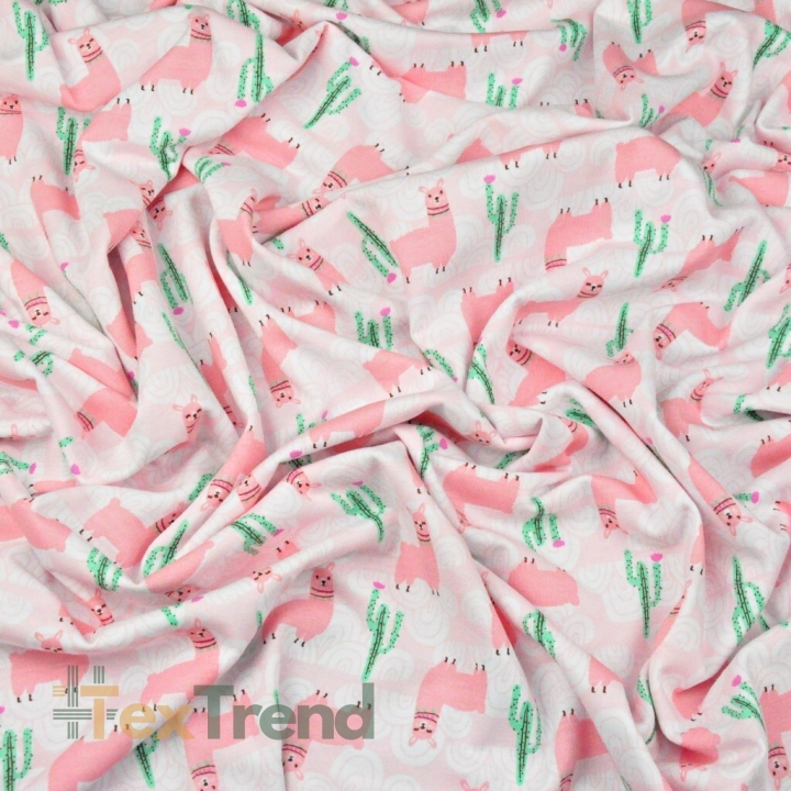 Jersey-Stoff mit rosa Alpakas auf rosa Hintergrund  