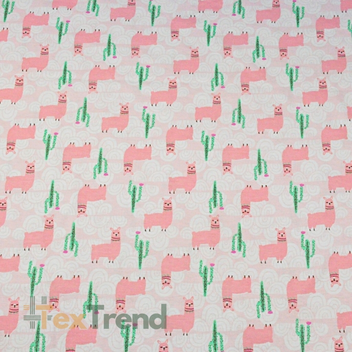 Jersey-Stoff mit rosa Alpakas auf rosa Hintergrund  