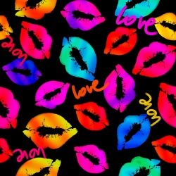 Jersey-Stoff digitaldruck - bunte Lippen auf schwarzem Hintergrund  