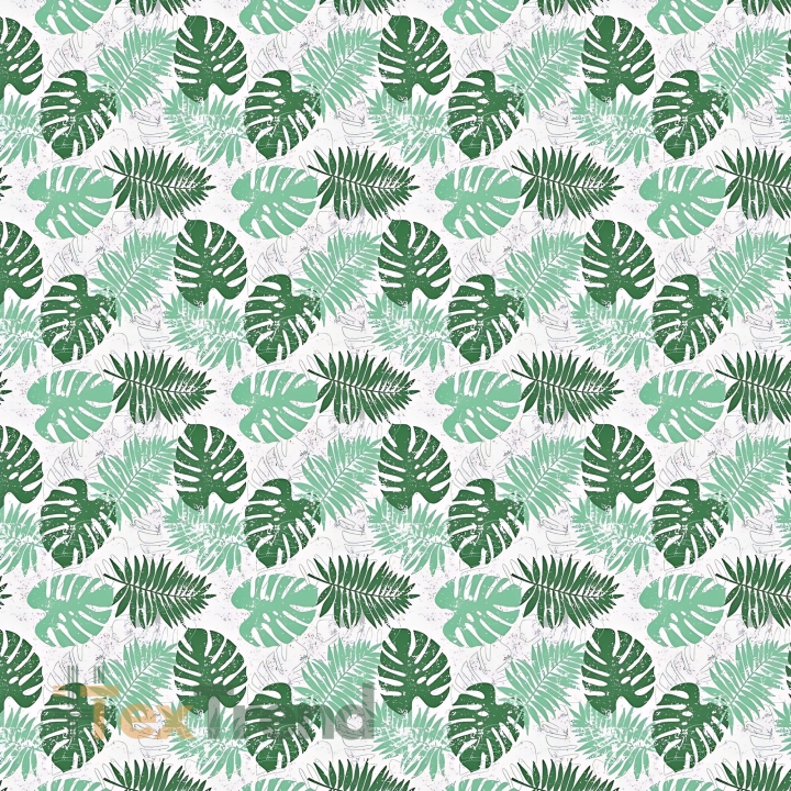 wasserabweisender Stoff grüne Monstera-Blätter auf hellgrauem Hintergrund  