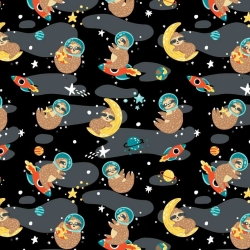 Baumwolle 100% Faultiere im Weltraum auf schwarzem Hintergrund  