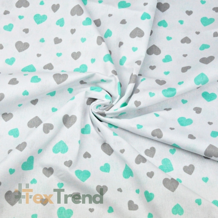 100% Baumwolle mint-graue Herzen auf weißem Hintergrund  