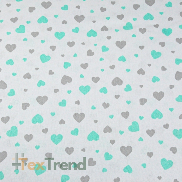 100% Baumwolle mint-graue Herzen auf weißem Hintergrund  