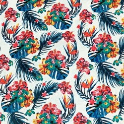 Baumwolle 100% Hibiskusblumen auf blauen Blättern auf weißem Hintergrund  