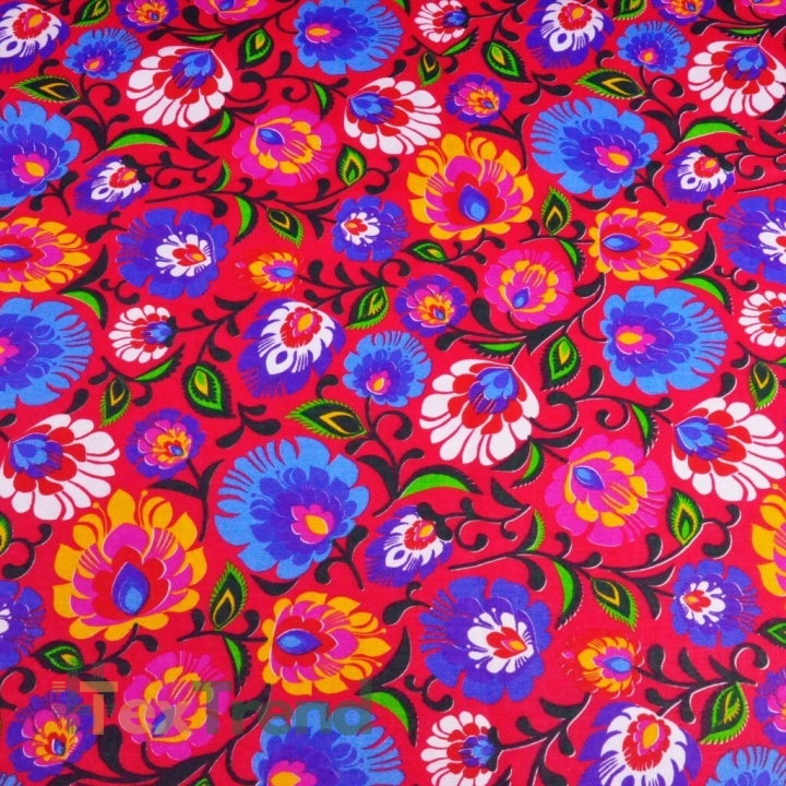 Baumwolle 100% Łowicz Muster auf amaranthfarbenem Hintergrund  