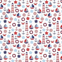 Baumwolle 100% große maritimen Muster rot-blau auf weißem Hintergrund  