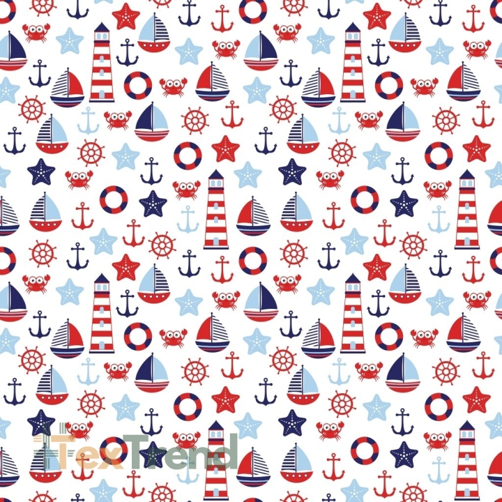 Baumwolle 100% große maritimen Muster rot-blau auf weißem Hintergrund  