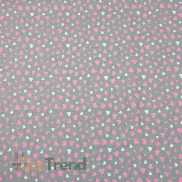 Jersey-Stoff mit rosa-weißen Herzen auf grauem Hintergrund  