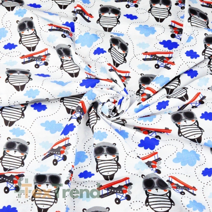 100% Baumwolle rot-blau Pilotenbären auf weißem Hintergrund  