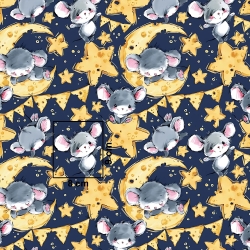 Baumwolle 100% graue Mäuse auf dunkelblauem Hintergrund  