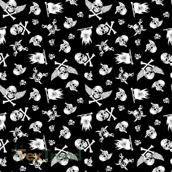 Baumwolle 100% Piratenschädel weiß auf schwarzem Hintergrund  