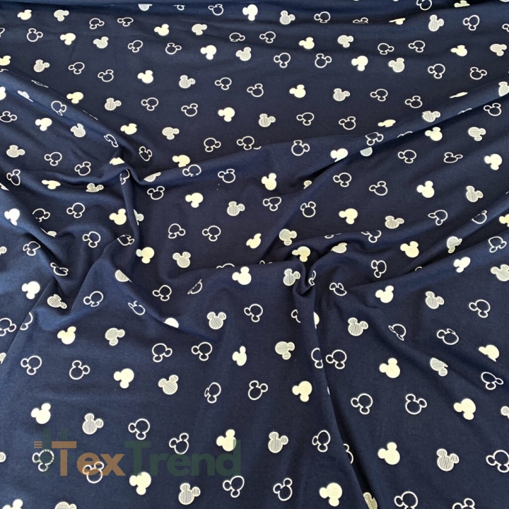 Sweatstoff Schlaufen - Micky Konturen weiß auf dunkelblauem Hintergrund  