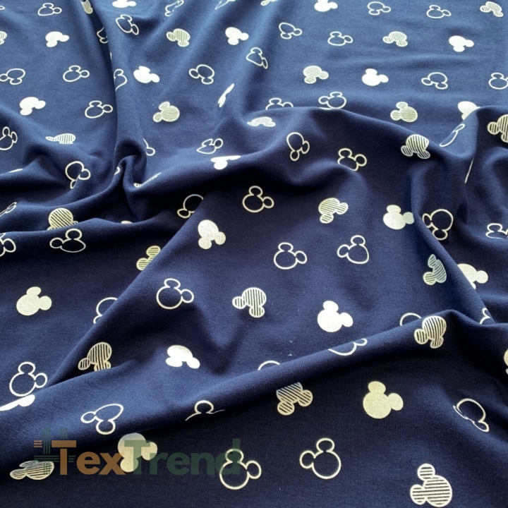 Sweatstoff Schlaufen - Micky Konturen weiß auf dunkelblauem Hintergrund  