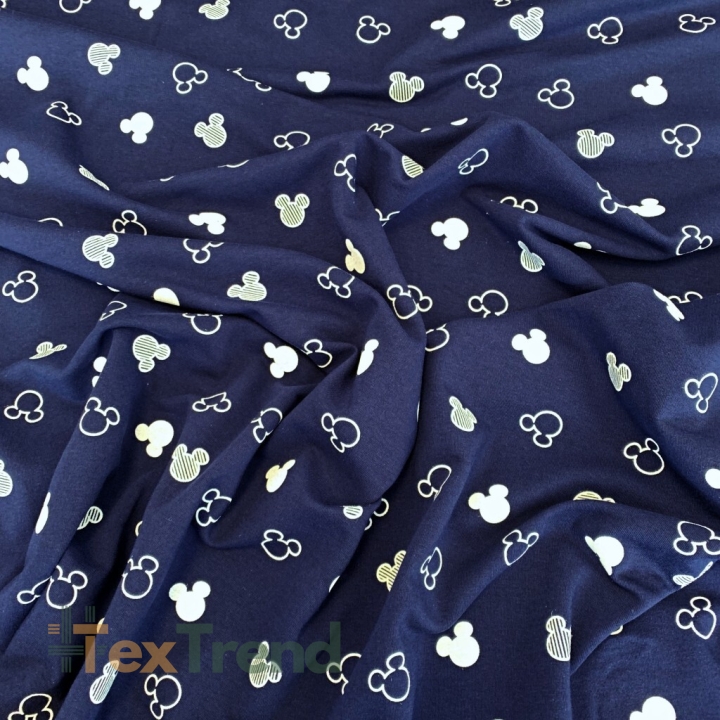 Sweatstoff Schlaufen - Micky Konturen weiß auf dunkelblauem Hintergrund  