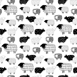 100% Baumwolle, schwarze gezeichnete Schafe auf weißem Hintergrund  