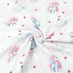 Baumwolle 100% Einhörner mit Schwänen rosa-grau auf weißem Hintergrund  