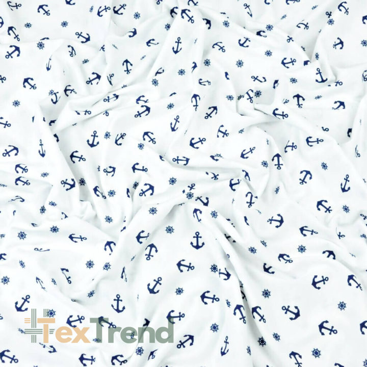 Jersey-Stoff mit blauen Ankern auf weißem Hintergrund  