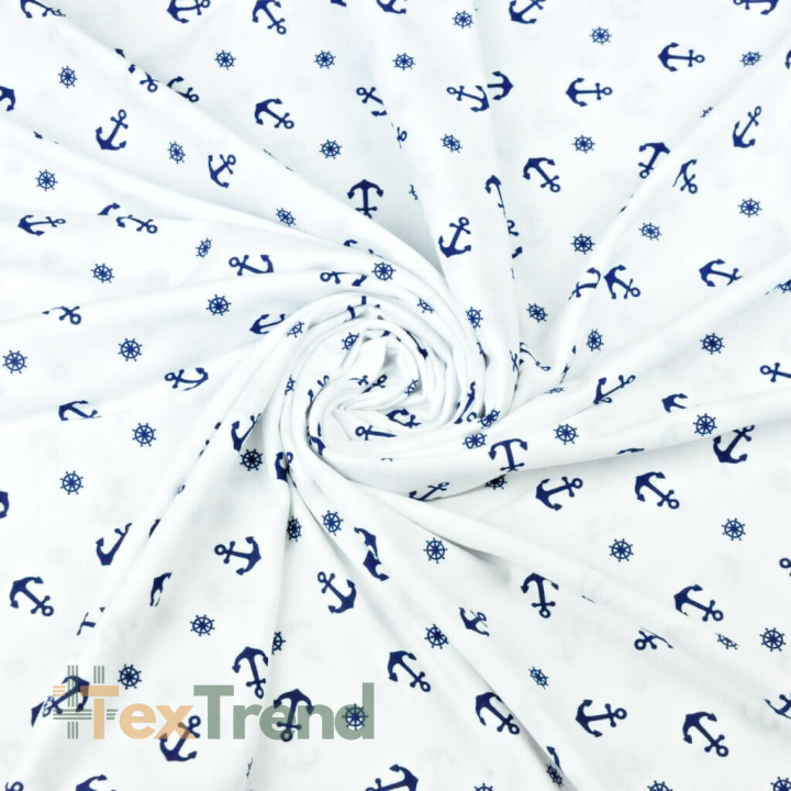 Jersey-Stoff mit blauen Ankern auf weißem Hintergrund  