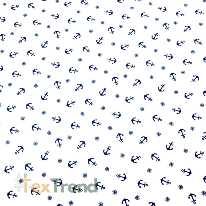 Jersey-Stoff mit blauen Ankern auf weißem Hintergrund  